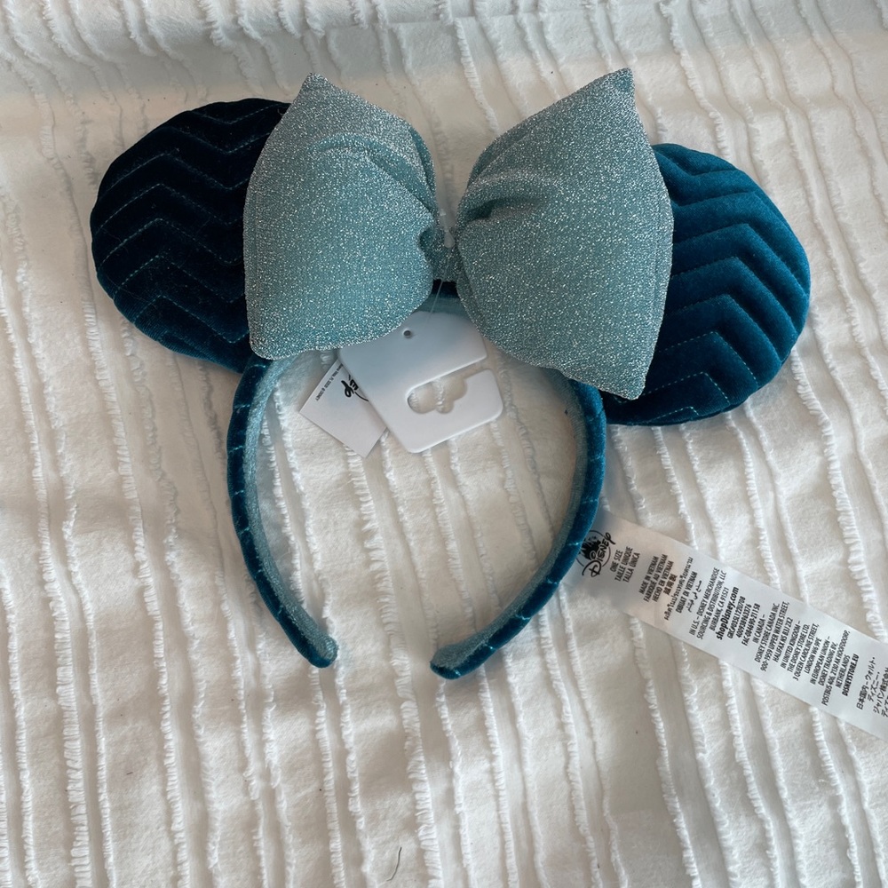 Disney Teal Velvet Minnie Mouse Ears Headband with Glitter Bow